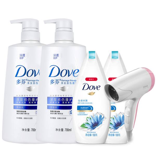 套装好价！DOVE多芬 深度损伤理护洗发乳700mlX2+沐浴乳190mlX2+奔腾迷你便携吹风机  79元