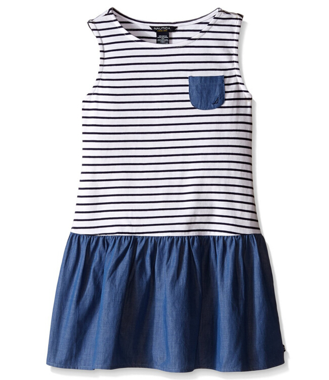 限尺码：Nautica 诺帝卡 Jersey Stripe and Chambray Mix 女童连衣裙   含税直邮65元！