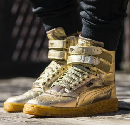 PUMA彪马Sky II Hi Metallic男士怀旧系列真皮纺织拼接中帮休闲鞋 金色款