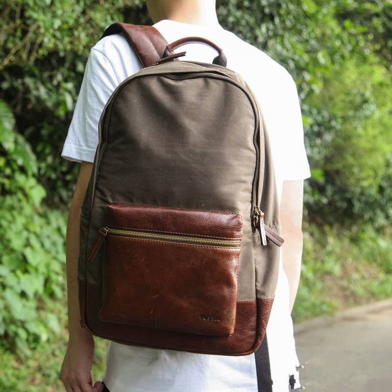 Fossil Estate系列 男士帆布拼真皮双肩包