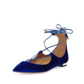 【38码入】Aquazzura 经典款绑带尖头鞋 天鹅绒 电光蓝 $337（约2441元）