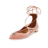 【38码入】Aquazzura 粉色天鹅绒绑带尖头鞋  $556（约3989元）
