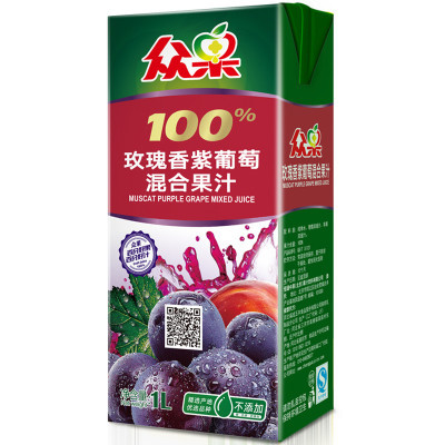 ￥19.9 众果100%玫瑰香紫葡萄混合果汁1L×6盒 便携装 19.9