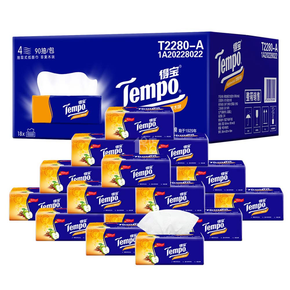 ￥62.9 Tempo/得宝 4层软抽面巾纸*90抽*18包 苹果木味（整箱销售）