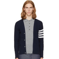 Thom Browne Navy Four Bar Trompe L'Oeil V-Neck Cardigan Polo 羊绒开衫
