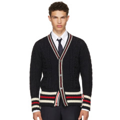 Thom Browne Navy Aran Cable Cricket Stripe Classic V-Neck Cardigan 男款羊毛开衫