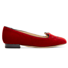 Charlotte Olympia Red Velvet Kitty Flats 红色天鹅绒款猫头鞋