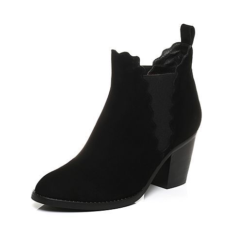 ￥268 Belle/ 百丽 黑色简约羊绒皮女短靴38505CD7