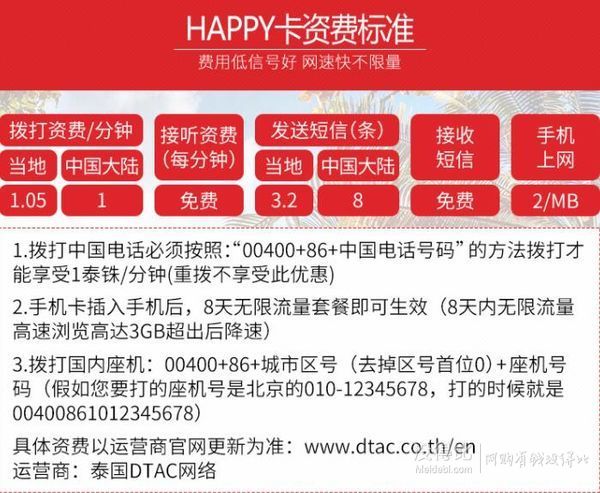 泰国happy 8天4G电话卡（3G高速4G流量+100泰铢话费）